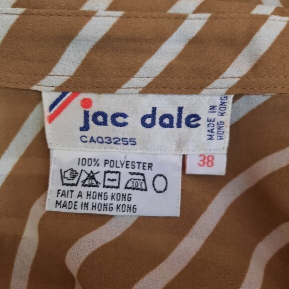 Vintage 80s Bow Tie Blouse Secretary Sheer Button Up Beige White Striped S - Picture 10 of 10